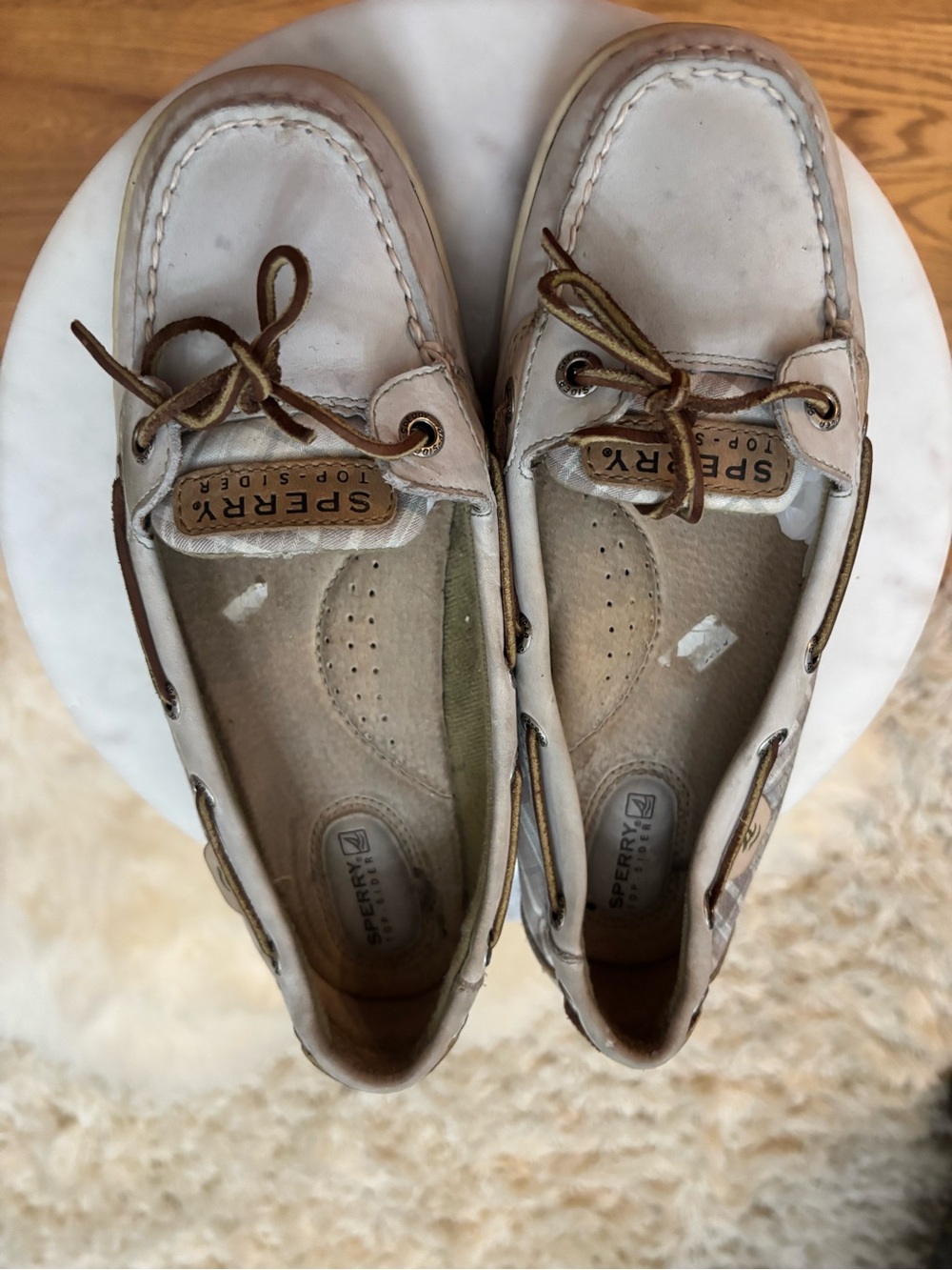 Sperry Leather Boat Shoes in Light Beige with Tan Laces
